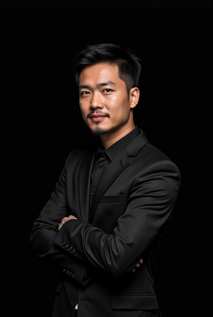 Create a contrasting portrait of a mixed Indonesian-European man with a confident and calm expression who is a successful consultant. He is looking straight ahead, the background should be completely black so that the subject stands out. His face is well-lit, his facial features well-defined. wearing fashionable clothes. The overall mood should convey subtle sophistication and intensity.