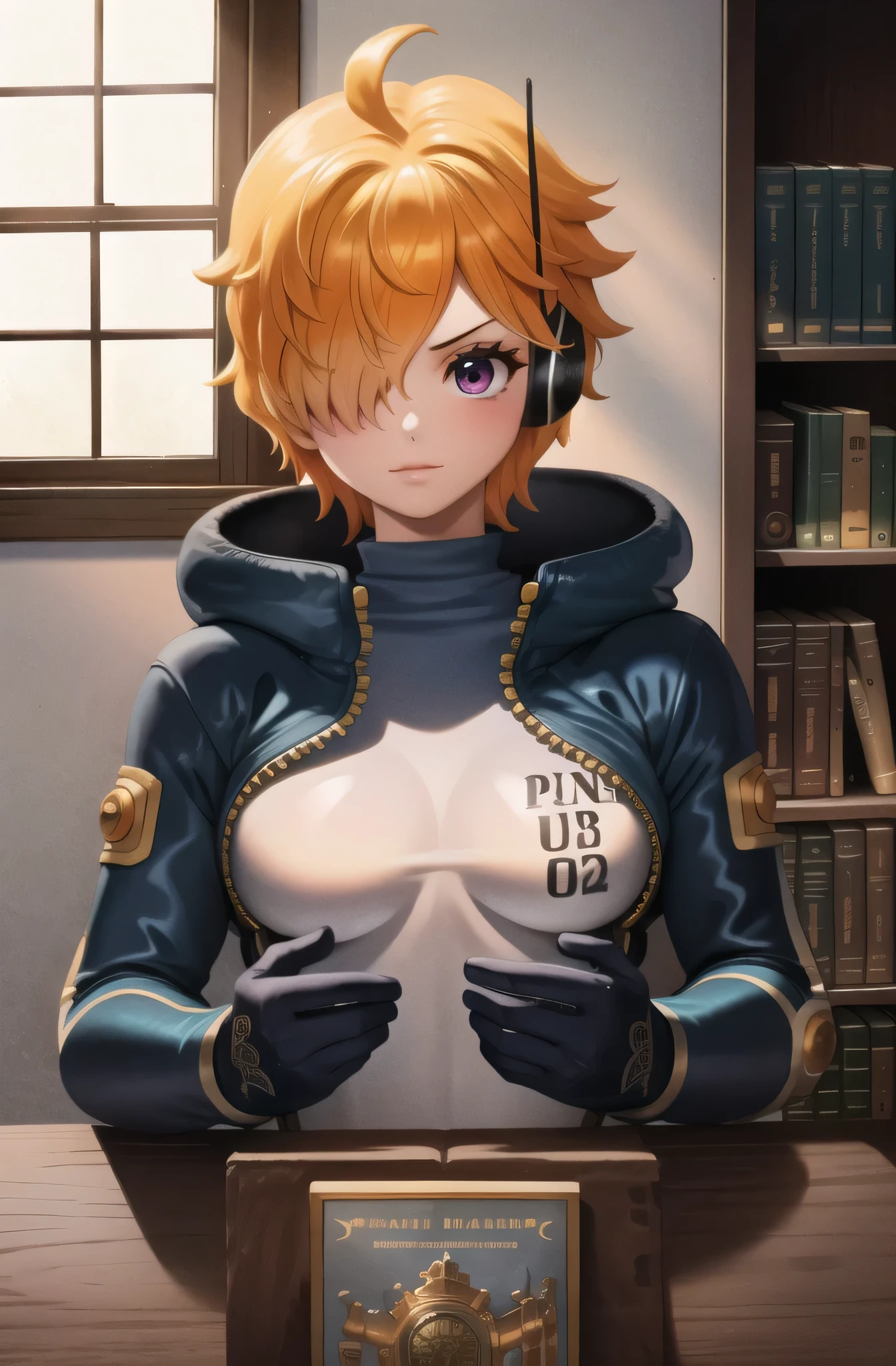 masterpiece, ((ultra detailed background, delicate pattern, intricate detail)), (highly detailed, fine details), best quality, beautiful lighting, ((medium breasts, slim girl)), 1girl, Lilith, (bangs covering one eye), ((light orange hair)), headphones, purple eyes, dark-blue jacket, ((pink bodysuit, full-body suit)), complex detailed background, inside, castle room environment, medieval castle, gray walls, window, bookshelf, (close-up, portrait),  