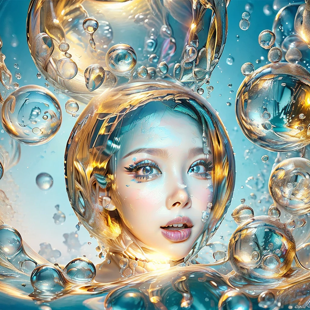 photo REAL,Highest quality,girl,Laughter,Colorful colors,surrounded by water bubbles,In kawacy style,masterpiece,Polka dots in oil painting,(Head close-up:2),Tyndall effect,Water Drop,Mother-of-pearl iris,holographic white,(face_concentrated:1.5),