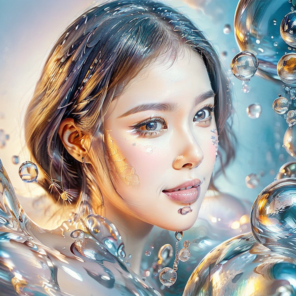 photo REAL,Highest quality,girl,Laughter,Colorful colors,surrounded by water bubbles,In kawacy style,masterpiece,Polka dots in oil painting,(Head close-up:2),Tyndall effect,Water Drop,Mother-of-pearl iris,holographic white,(face_concentrated:1.5),