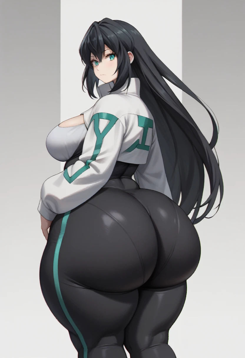 Highest quality, masterpiece, High Resolution, 1 girl, May, Ass, hyper Ass, huge Ass, big ass, wide hip, gbd_may, 1girl, aqua eyes, long hair, black hair, very long hair, bangs, large breasts, green eyes, shrug (clothing), white breast black bodysuit, fat, bbw, plump,