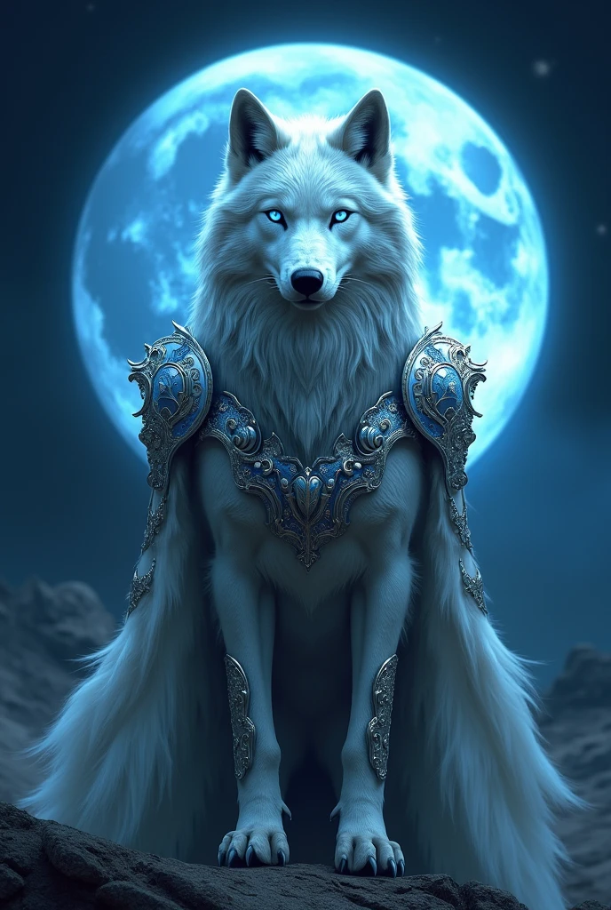 A wolf with white color and long hair with blue eyes and wear an iron suite with blue and white color and the background is black sky and big blue moon 