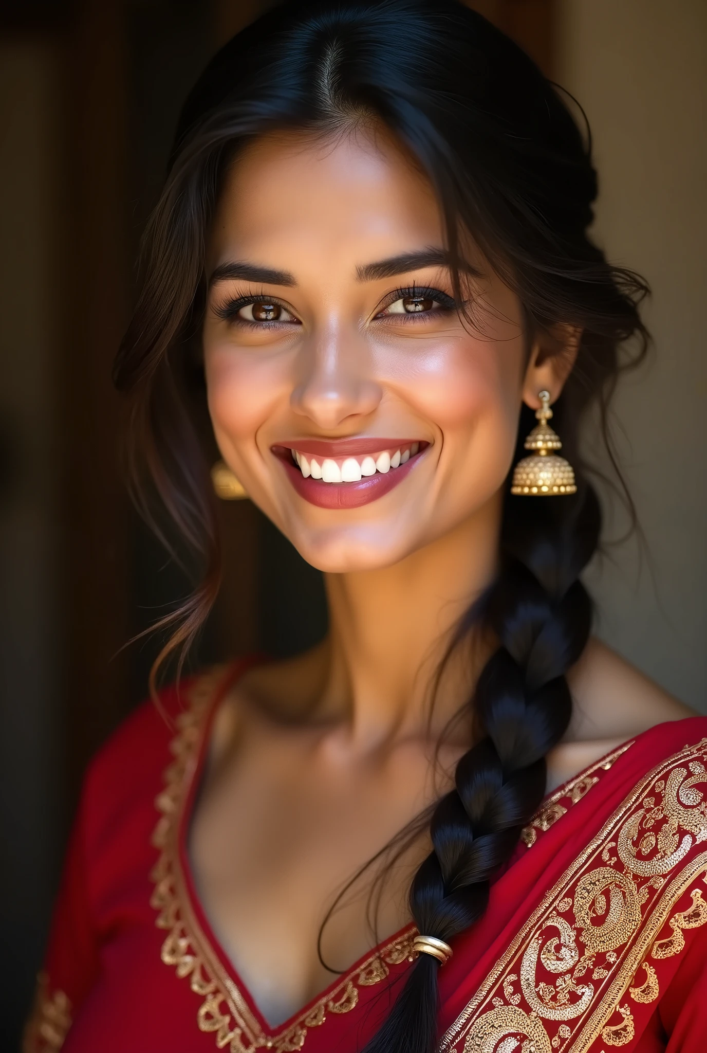 There is a young, Beautiful indian woman, who looks to the future like Katrina Kaif, Smiles into the camera, beautiful teeth, She looks into the camera, a portrait from raw photo, body, conservative modern color dress, ((hair business braided)),