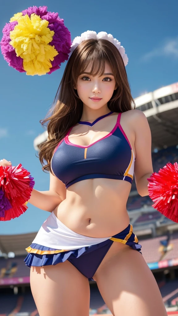 masterpiece, Highest quality, Very detailed, High resolution, (Realistic, photoRealistic:1.37), Excellent anatomy, One beautiful woman, 1, height: 152 cm, Cheerleader, (With big colorful pom-poms in both hands:1.4), A small smile, cheer leading, ブルーCheerleader uniform, (shape), Micro Pleated Mini Skirt, No underwear, ((Very delicate and beautiful)), ((Stadium Background:1.2)), Brown Hair, Long Hair, bangs, Very beautiful face, Cute type, Big Natural Color Lip, Small and cute nose, Big and pretty eyes, Brown eyes, Obvious double, Shiny highlight spots around the eyes, Character Focus, Tilt your head, The best light, Best Shadow, mysterious, Perfect Face, Very detailed, Soft Skin, (Glowing Skin, Sweaty: 1.2), Beautiful legs, Voluptuous thighs, Plump body, Huge breasts, (Expresses the roundness and softness of the chest area..........1), Beautiful body, (The perfect woman), Spread your legs, (Provocative dynamic pose), Skirt flip,