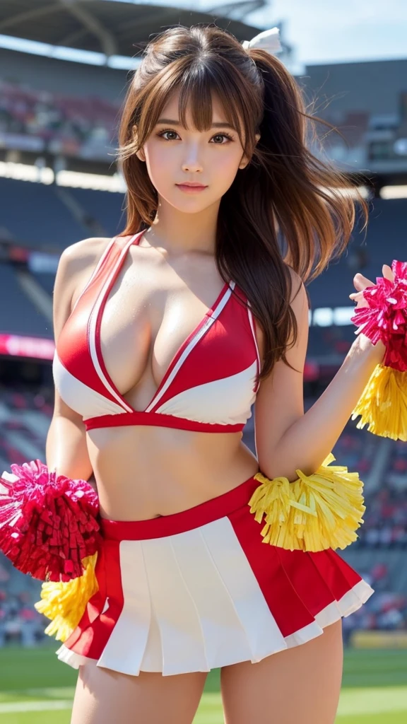 (((highest quality、8K、photo-realistic:1.4、masterpiece)))、Backlight、Woman with highly detailed facial texture、18-year-old、(((red sequin cheerleader costume:1.2)))、((stadium background:1.2))、with arms raised、laughter、光沢のあるblack hairと短い髪型,,。divided sleeves, bare shoulders, central opening, cleavage, central chest、ribbon。black hair。twin tails、curly hair、squat、show me your pants。Panty shot。red underwear。red panties。open your legs。lower chest。open your legs。shiny panties。shiny panties。smile。look at the camera、