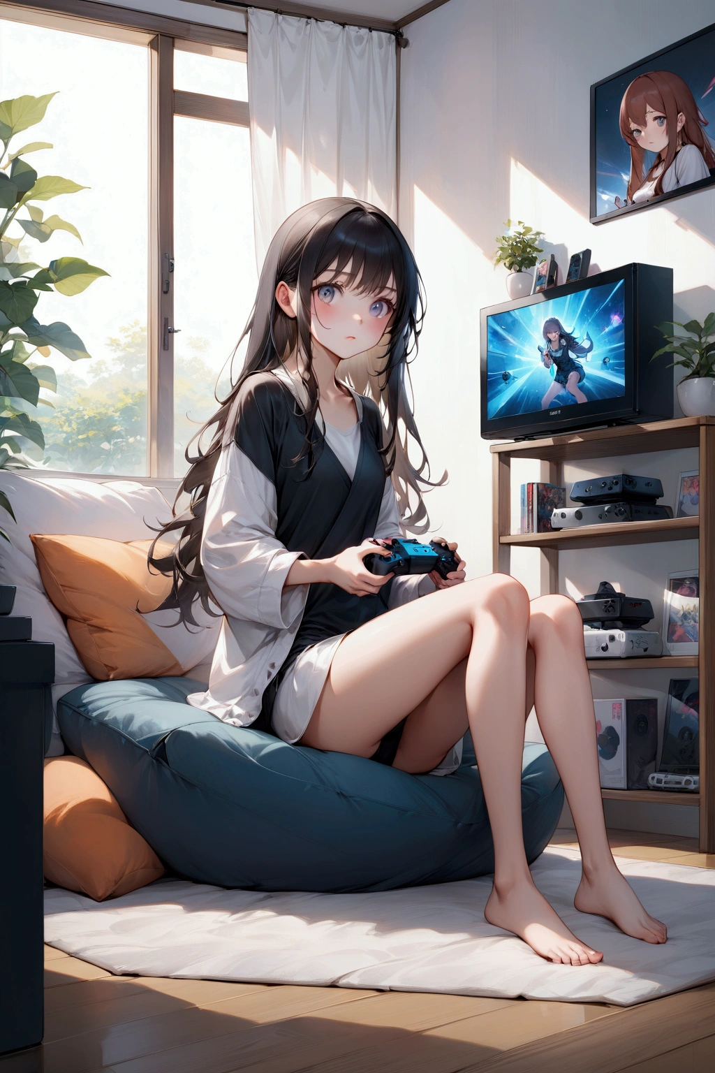 realistic anime illustration of adorable young woman in long hair, she is sitting while playing video game, holding game video joypad, game console, (1girl, solo, full body), (masterpiece, best quality, japanese anime style), (expressive eyes, perfect face, perfect body), (no watermark)