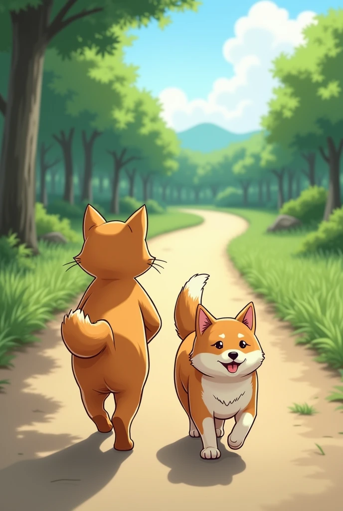 Cat walk with doge on road 