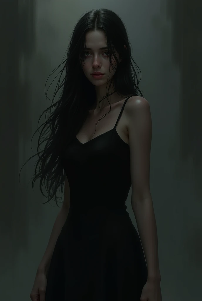 Alone women face full of sadness. long hair Waring black dress.