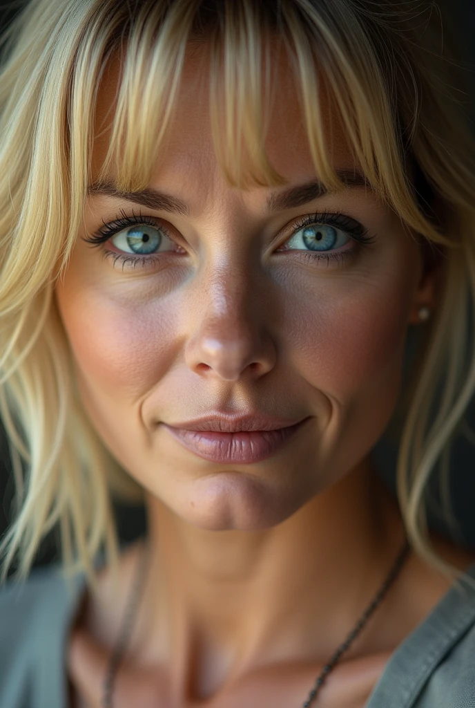 Gros plan de face du visage d'une fille blonde de 40 ans. Visage arrondie, elle a une frange. On voit ses pores, elle n'est pas maquillée, son visage a des imperfections, quelques petites rides. Elle a des tâches, elle a des yeux bleus. Son regard est séducteur.