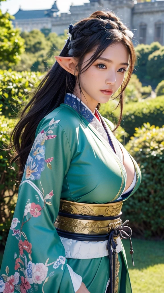 (16K, Highest quality:1.2)、masterpiece, Beautiful woman, (Attractive Asian Model:1.0)、(((Elf Woman)))、((( Japanese Kimono)))、(((Armor from the Sengoku period))), (((Holding the Japan sword)))、((Samurai with sword))、(((Green kimono)))、、((((Big Breasts))))、((((Big Breasts))))、((Large Breasts))、((Perfect Face))、((Colorful colors))、((Image of Japan))、((Background Japan castle))、(Strong muscular body), (Light brown hair),(((maid)))、 Braiding、Disheveled Hair、 (High fantasy battlefield environment), High resolution, (Skin Texture:1.1), Highest quality, 超High resolution, (Realistic: 1.4), RAW Photos, By Ellen von Unwerth, Nikon D850 film stock photos, 1 1 1.6 Lenses, Rich colors, Bokeh, Sharp focus, Realistic, Cinestill 800, Backlight, Rim Light, Strong sunlight, Realistic, Realistic Shadow, 3d, (Castle Background:1.2),Hair blowing in the wind、Upper Body、 (Leather Handbags),Combat Accessories,breastplate、、Voluminous lips、((Perfect Face))、Big eyes、Delicate eyes、((Looking into the camera))、belt、Armor with intricate patterns、((whole body))、Delicate hands、boost mood、Are standing、(((Elf wearing a haori)))