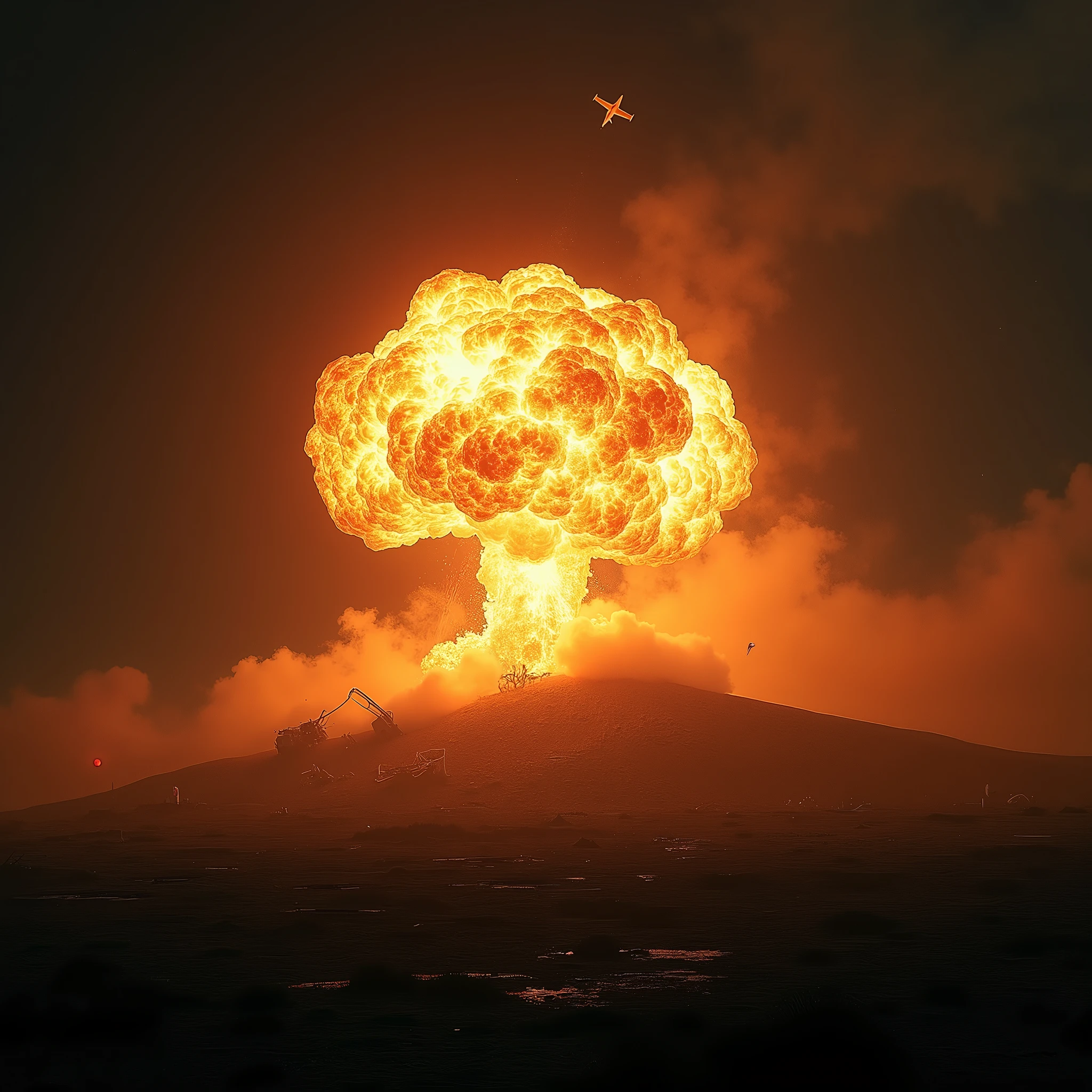 Free-falling plane hits hill and explodes in fireball, illuminating the darkness. The scene of destruction is complete, with debris scattered around and a bright glow that highlights the horror of the moment. (extremely detailed CG unit 8K wallpaper, Artwork, best quality, ultra-detailed, hdr:1.2, dark and terrifying atmosphere, eerie lighting, horror vibes)