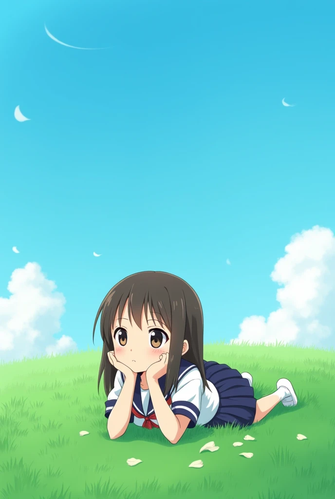 Anime girl in school uniform lying on her stomach on the grass