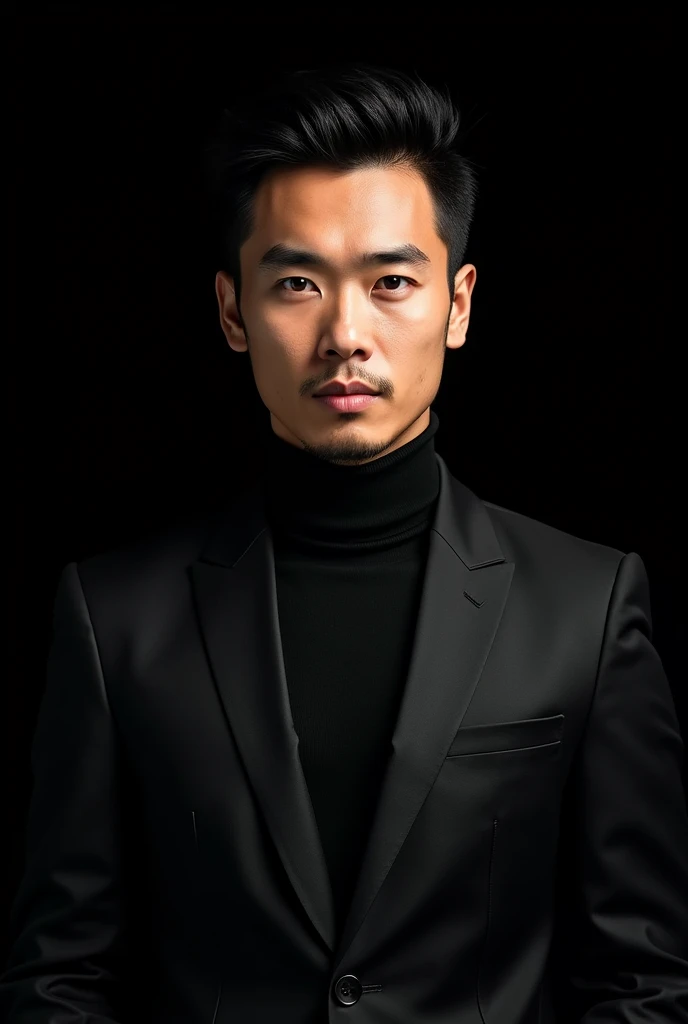 Create a contrasting portrait of a mixed Indonesian-European man with a confident and calm expression who is a successful consultant. He is looking straight ahead, the background should be completely black so that the subject stands out. His face is well-lit, his facial features well-defined. wearing fashionable clothes. The overall mood should convey subtle sophistication and intensity.