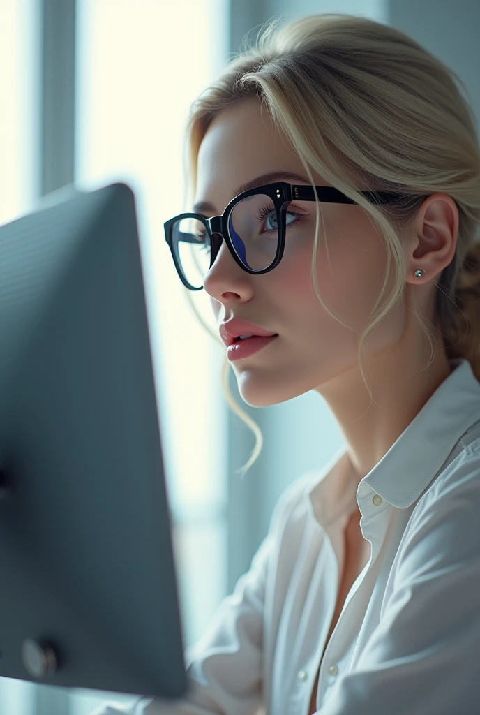 A photo of white lady with eyeglass on computer screen
