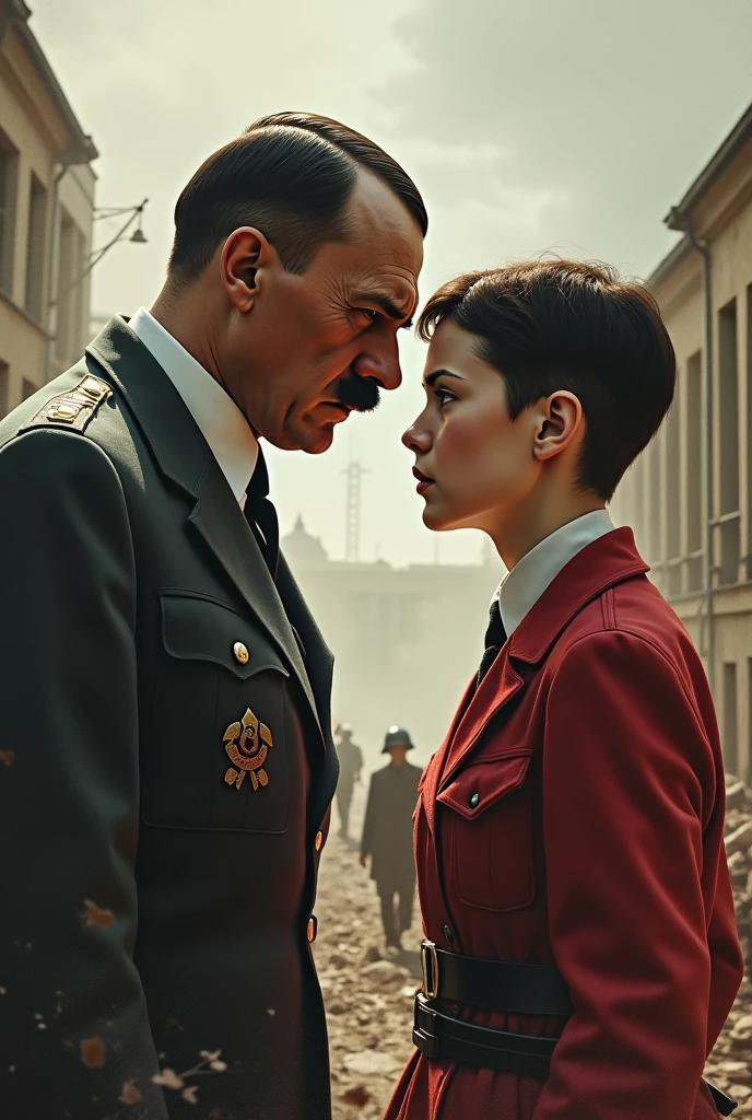 Adolf Hitler and a Soviet communist girl with short hair and bangs looking at each other with passion and hatred in the middle of the war