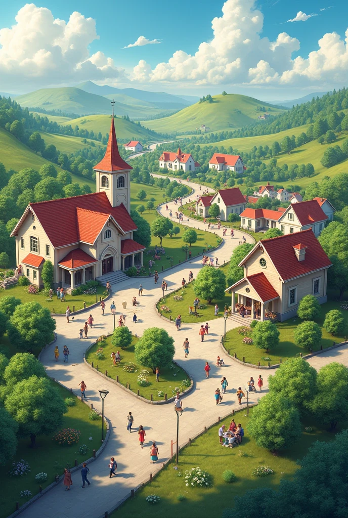 geographical representation of ideal community with school church hospital etc make it recognizable 