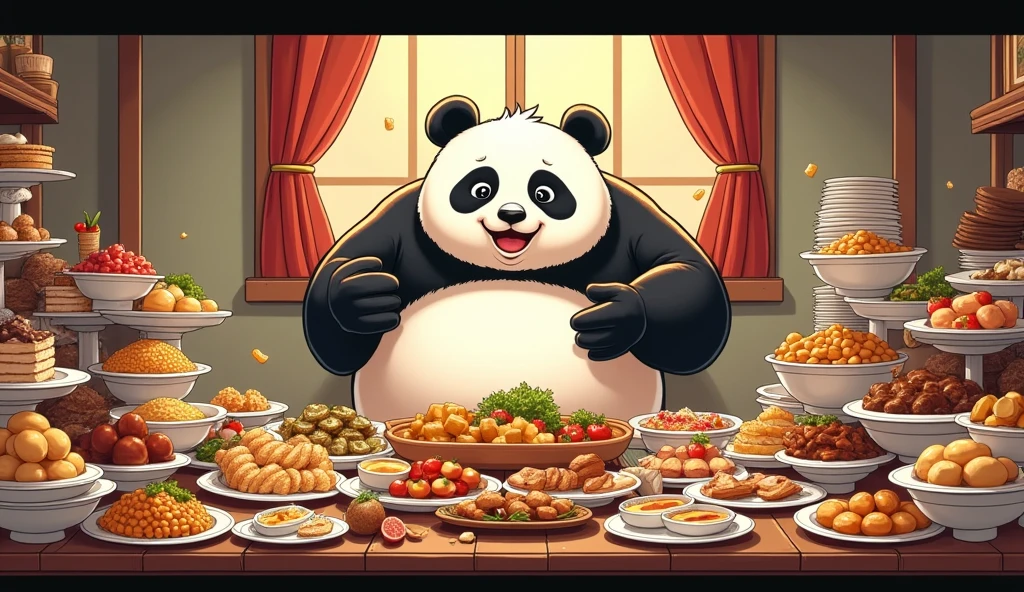 A detailed illustration showing Pandu, a human-like panda, eating a large amount of food. The background features a dining table filled with various dishes, including desserts, snacks, and main courses. Pandu is in the center, happily indulging in the food with a content expression. Include some humorous elements like plates stacked high, food spilling over, and an overstuffed belly to emphasize his excessive eating