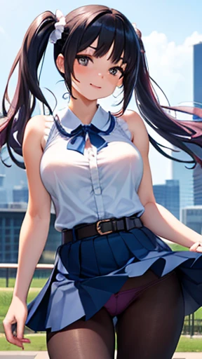 (masterpiece:1.3, Highest quality, Ultra-high resolution, Very detailed), (Realistic, photoRealistic:1.4), Beautiful illustrations, Perfect lighting, Natural light, Written boundary depth, Beautiful detailsまでこだわった髪, Beautifully detailed face, Beautiful details, Beautiful clavicle, Beautiful body, Beautiful breasts, Beautiful thighs, Beautiful legs, Beautiful Hands, View your audience, 1 girl, Very cute girl, , (Perfect Anatomy, Anatomically correct), Cute and symmetrical face, Baby Face, Perfect Face, Perfect Eyes, Glowing Skin, (Long Hair:1.8, Twin tails, Black Hair), bangs, iris, Slanted Eyes, Long eyelashes, (Very large and ample breasts, juicy thighs, Attractive thighs), (White sleeveless top with ruffles and a deep neckline, Dark blue pleated skirt:1.3, belt), Pink hair scrunchie, (Beautiful views), amusement park, Popularized, Ferris wheel, , (Cute Smile, Upward glance, Lips parted),((Skirt fluttering in the wind、pantyhose,I can see her panties))
