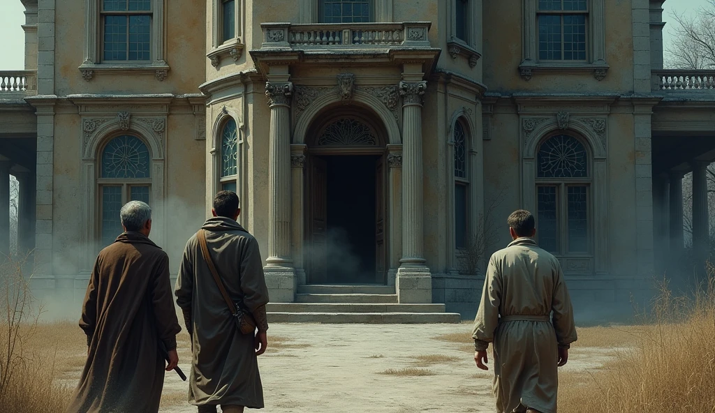 The three poor man turning back, seeing one of them standing eerily at the mansion’s entrance.