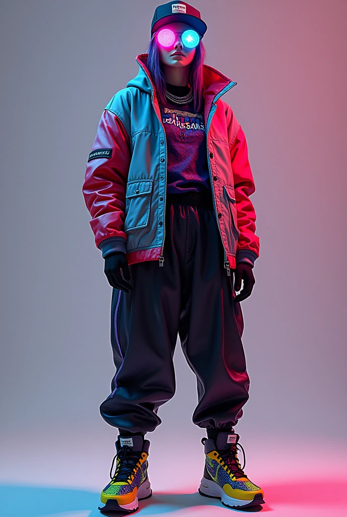 Personnage avec des lunettes de discothèque des vêtements néo rouge est violet mélangé a du gris un pantalon neo noir est agenda mélangé a du jaune une casquette qui couvre s'est yeux des chaussures de disco avec des motifs neo bleu mélangé a le vert avec du agenda 