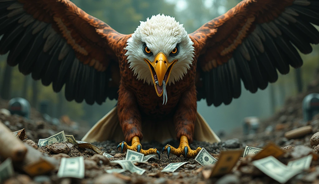 philippine eagle, eat money, surrounded with money, garbage background,