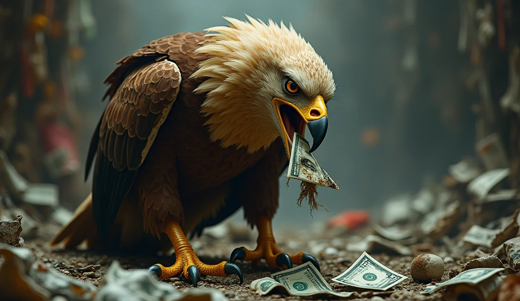 philippine eagle, eat money, surrounded with money, garbage background,