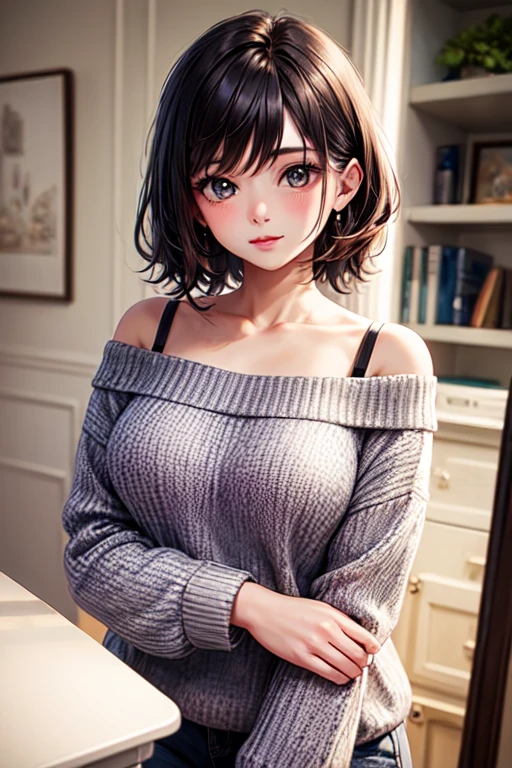 ((Highest quality)), ((masterpiece)), (detailed), One girl, Off-the-shoulder sweater, 