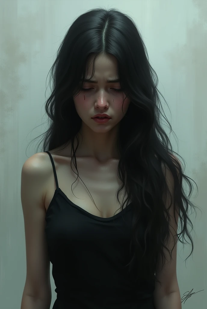 Alone women face full of sadness and crying . long hair Waring black dress.