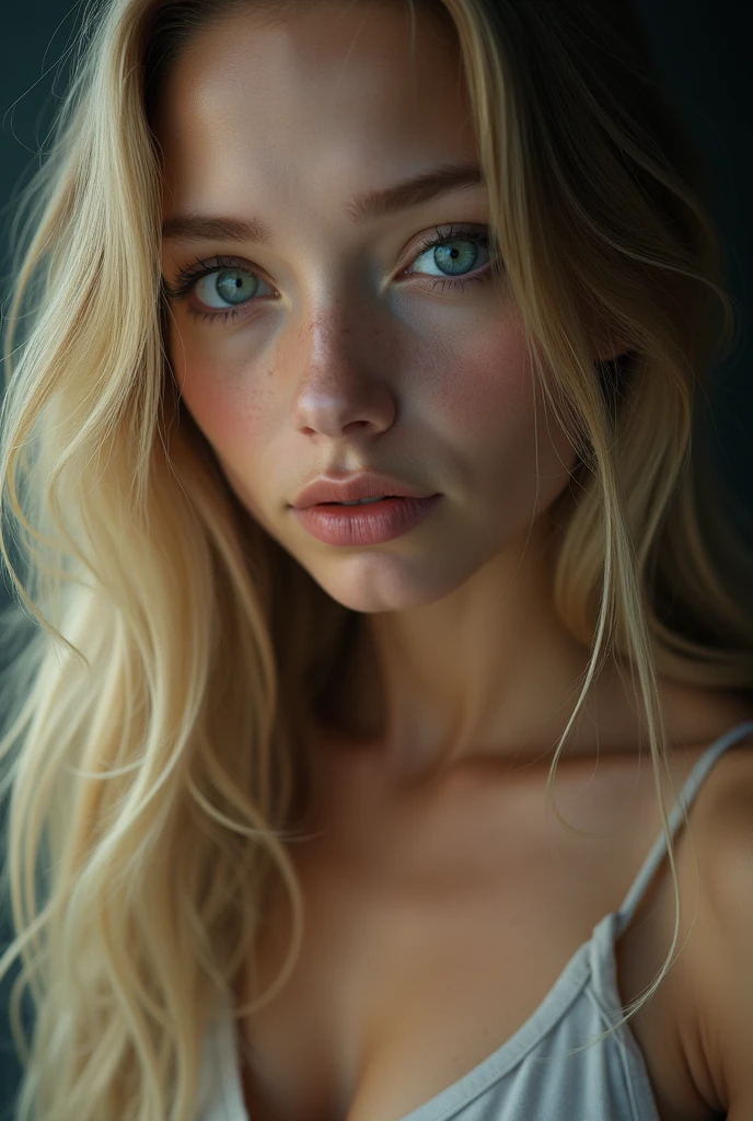 long blonde hair, 8k, Best Quality, masterpiece, ultra high resolution, (Realism: 1.4), Photo original, (realistic skin texture: 1.3), (film grain: 1.3), (Selfie angle), 1 girl, unclothed , big natural tits, by rubio, sad, Sapphire eyes and beautiful facial details., masterpiece, Best Quality, close up, Highest Quality Upper Body Pull-Ups.