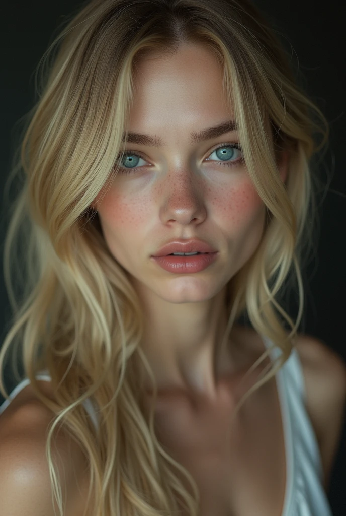 long blonde hair, 8k, Best Quality, masterpiece, ultra high resolution, (Realism: 1.4), Photo original, (realistic skin texture: 1.3), (film grain: 1.3), (Selfie angle), 1 girl, unclothed , big natural tits, by rubio, sad, Sapphire eyes and beautiful facial details., masterpiece, Best Quality, close up, Highest Quality Upper Body Pull-Ups.