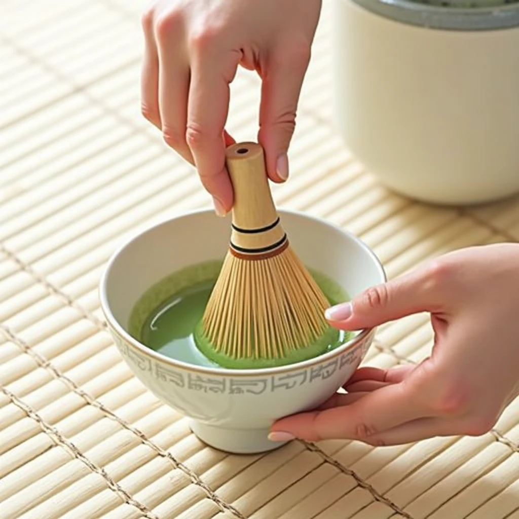 chawan, chasen, a little frothy maccha tea, tatami, photorealistic, (masterpiece:1.2), best quality, high quality, Highres, (hyper detailed),