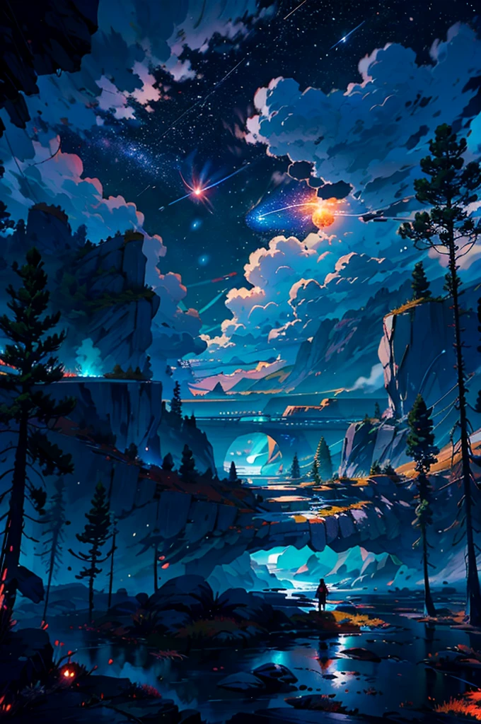 Makoto Shinkai, Vast landscape photography , (View from below,Shows the sky above and the open space below), A girl standing in a flower field looking up, ( meteor:0.9), (Star Cloud:1.3), Fir Mountain, Treebreak Production Art, (Stars Night Sky:1.2), (fire Fly:1.2), Starry Sky
