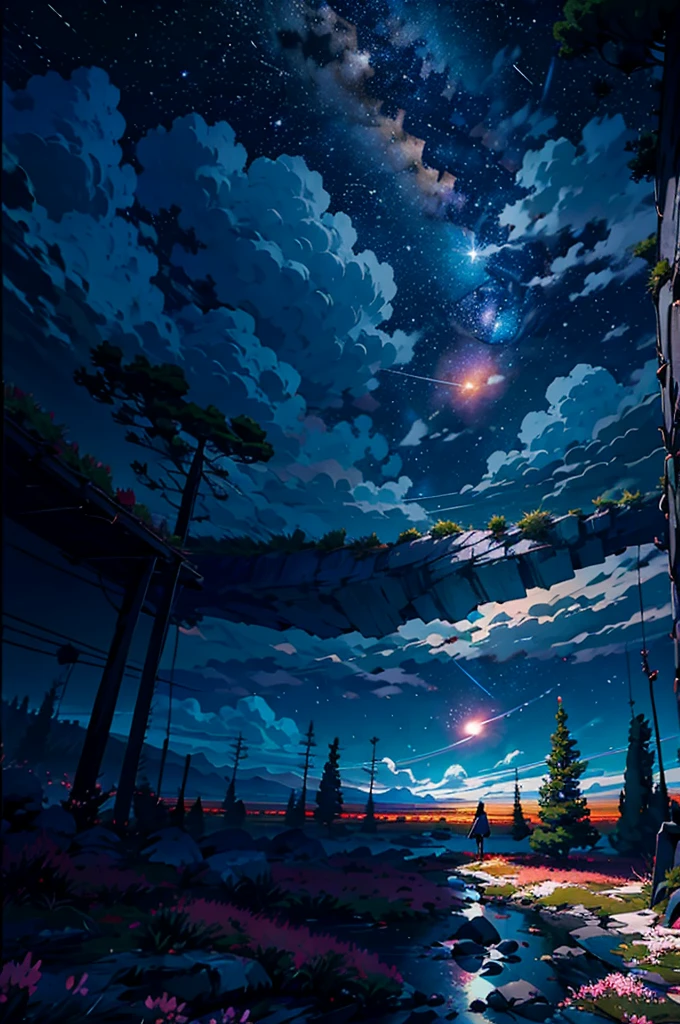 Makoto Shinkai, Vast landscape photography , (View from below，Shows the sky above and the open space below), A girl standing in a flower field looking up,  ( meteor:0.9), (Star Cloud:1.3), Fir Mountain, Treebreak Production Art, (Stars Night Sky:1.2), (fire Fly:1.2), Starry Sky