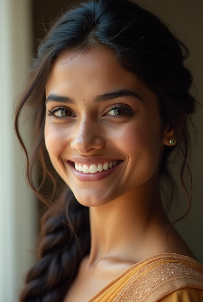 There is a young, Beautiful indian woman, who looks to the future like Katrina Kaif, Smiles into the camera, beautiful teeth, She looks into the camera, a portrait from raw photo, body, conservative modern color dress, ((hair old style braided)),
