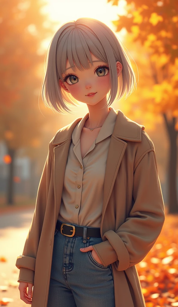 (8k, Photorealistic, RAW Photos, Highest quality: 1.4, detailed),A Japanese idol-like beautiful girl,1 person,1,(Short Bob),(Silver Hair),She has her hair tucked behind her ears,Large, clear gray eyes,Long eyelashes,(piercings(small)),(Lip gloss),lips(Plump,glossy),thin long neck,Thin and delicate shoulders,blouse,coat(Mid length(thigh))Layered,Buggy jeans,Sneakers,She is basking in the gentle autumn sunshine,Autumn leaves background,Smiling sweetly and looking at the camera,Front view,Full body shot portrait