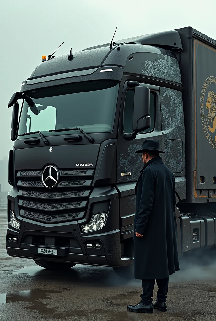 Black Mercedes truck with destroyed side and a dangerous dragon look with a man standing besides the truck with a long coat and hat . Lion logo on the truck