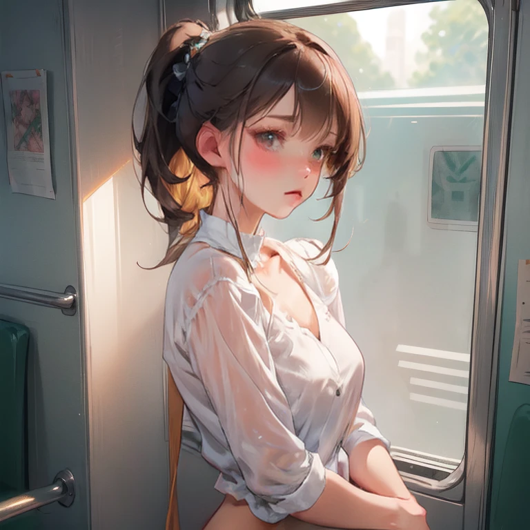 Anime Waifu beautiful detailed eyes, beautiful detailed lips, extremely detailed eyes and face, longeyelashes, 1girl, sensual, young woman, medium breasts, beautiful feminine face, nice thighs, slim, sexy, erotic, beautiful clothes, perfect body, cinematic lighting and framing, (best quality,4k,8k,highres,masterpiece:1.2),ultra-detailed,digital painting,portrait,glamorous,highly detailed,soft lighting,warm color tones Let’s think step by step,Highest quality, masterpiece, Ultra-high resolution, 8k,Show anime style , One, Soft Line Art, Digital Enhancement, shojo anime touch, shojo manga core, Flowing fabric, close, Soft Drawing, Ultra High Definition Digital Anime Art, Clear facial depiction, Highly detailed girl manga character art, Ultra-detailed manga style, Highest qualityの色,
1 female,24-years-old, Brown haired woman,Short ponytail,Ultra-detailed clear brown eyes,Body type is slightly chubby,Small breasts,The butt is small,
On the train in summer,I'm a little nervous,Sleeveless white summer dress,skirt,She stands and grabs the strap.,She looks out the window,View from the seat,Staring at her armpits,Angle up to chest