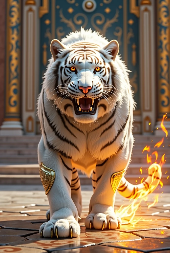 A white-furred tiger, its fangs so long, its legs wearing armor that looks dashing, accompanied by a sparkling crown made of very powerful fire,Which is in front of the palace which is so big and spacious