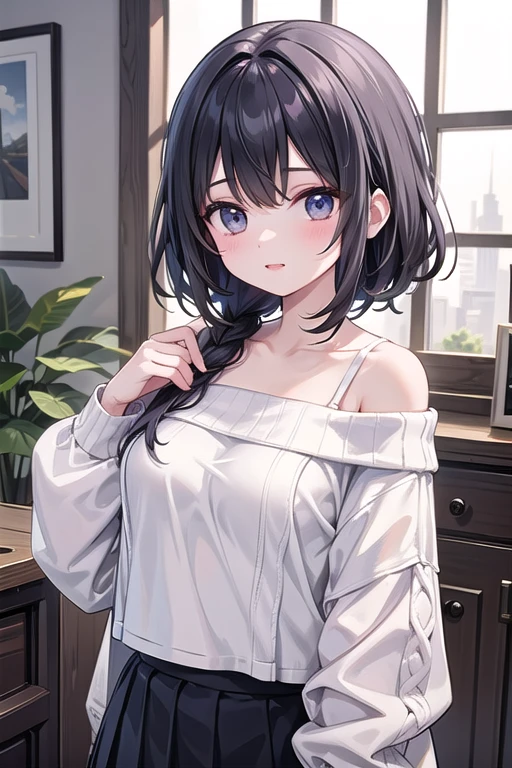 ((Highest quality)), ((masterpiece)), (detailed), One girl, Off-the-shoulder sweater,