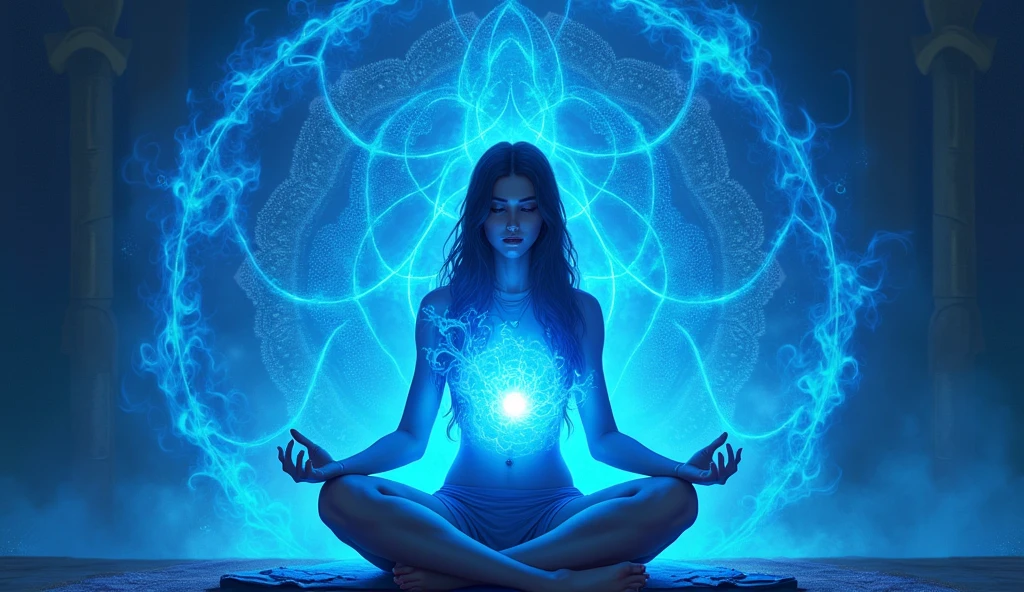 woman meditating in lotus position with hands holding blue fireball, background a blue flaming mandala, magical blue background full of glitter