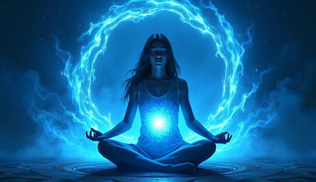 woman meditating in lotus position with hands holding blue fireball, background a blue flaming mandala, magical blue background full of glitter