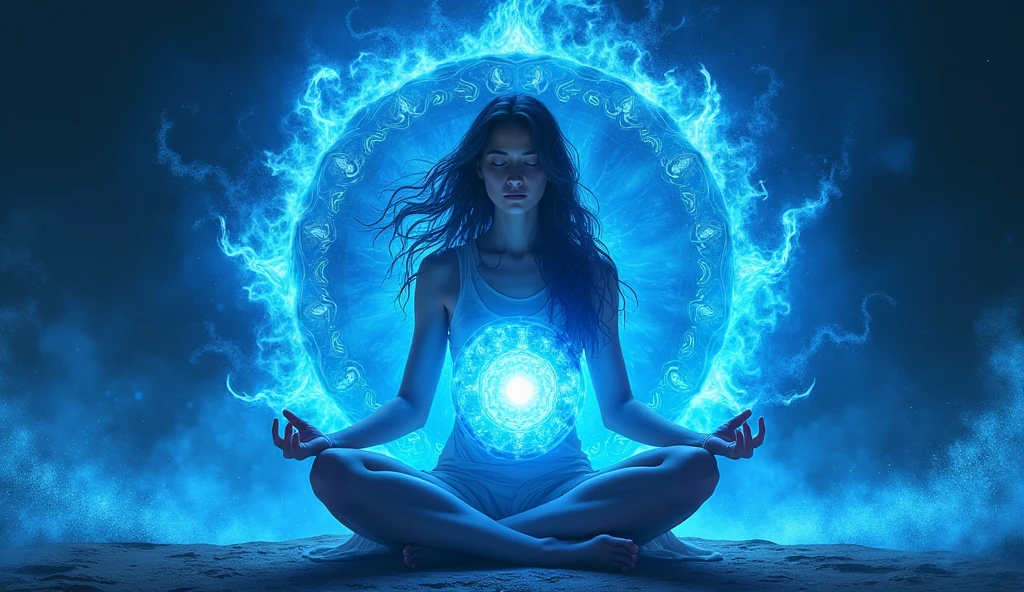 woman meditating in lotus position with hands holding blue fireball, background a blue flaming mandala, magical blue background full of glitter