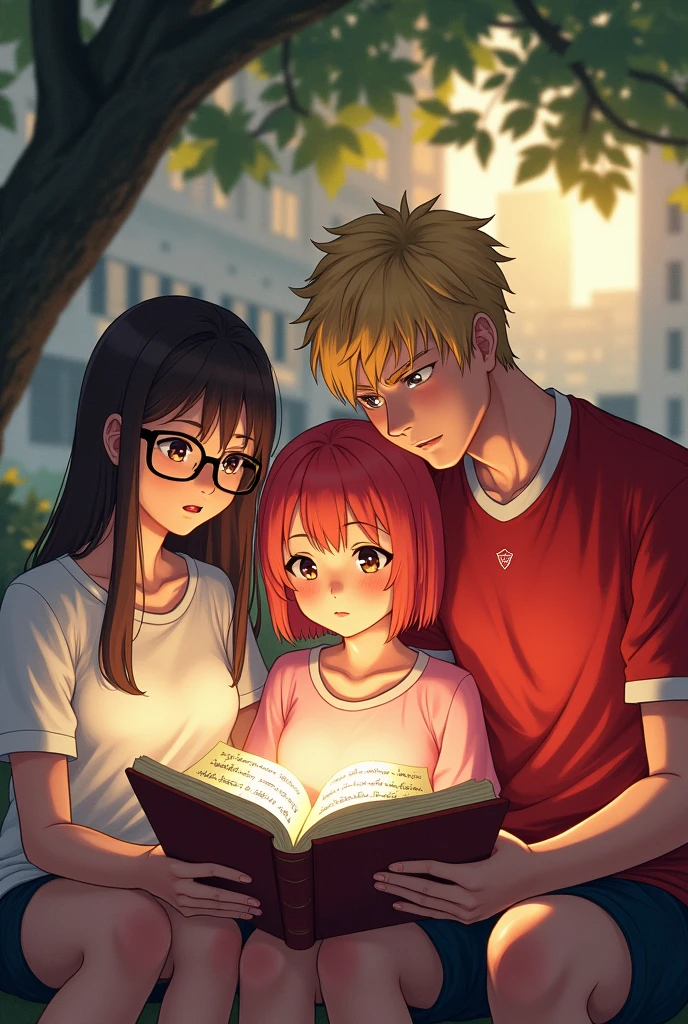 Three university students are sitting together to look at a book that contains strange languages. Among them, there are two female students and one male student. The first female student has long brown hair, wears glasses, and is dressed in a white T-shirt. The second female student has short red hair and is dressed in a pink Lolita outfit. The male student has blonde hair, a muscular build, and is wearing a red sports jersey. All of them are Asian and are sitting under a tree in the evening.
