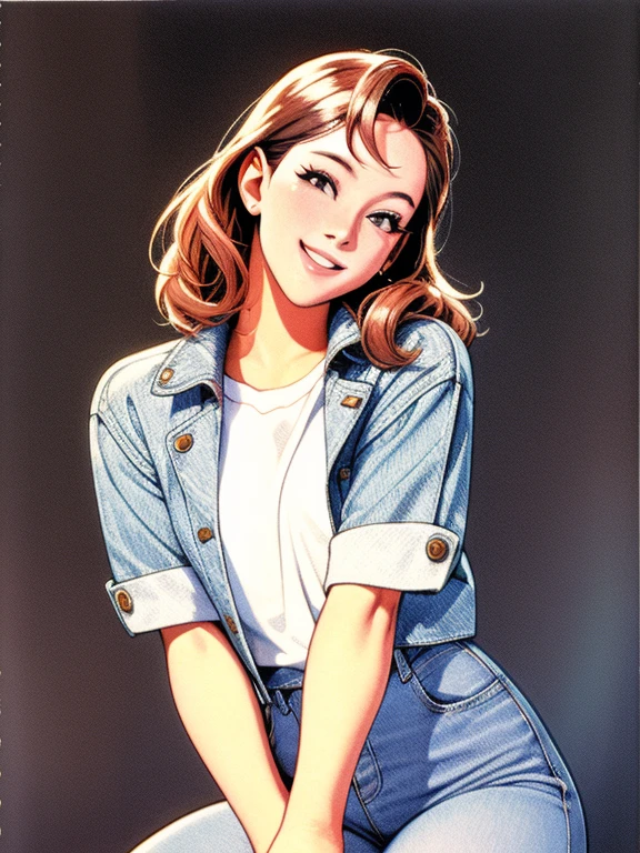 The background is the 1980s,Denim wear,lover,A kind smile