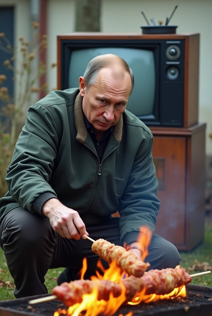 Russian President Putin Cooks Shish Kebab behind Putin stands a TV storage 