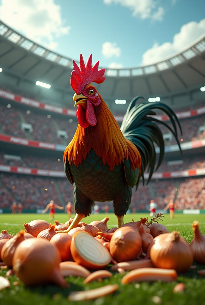 Angry rooster destroying onions inside a football stadium.