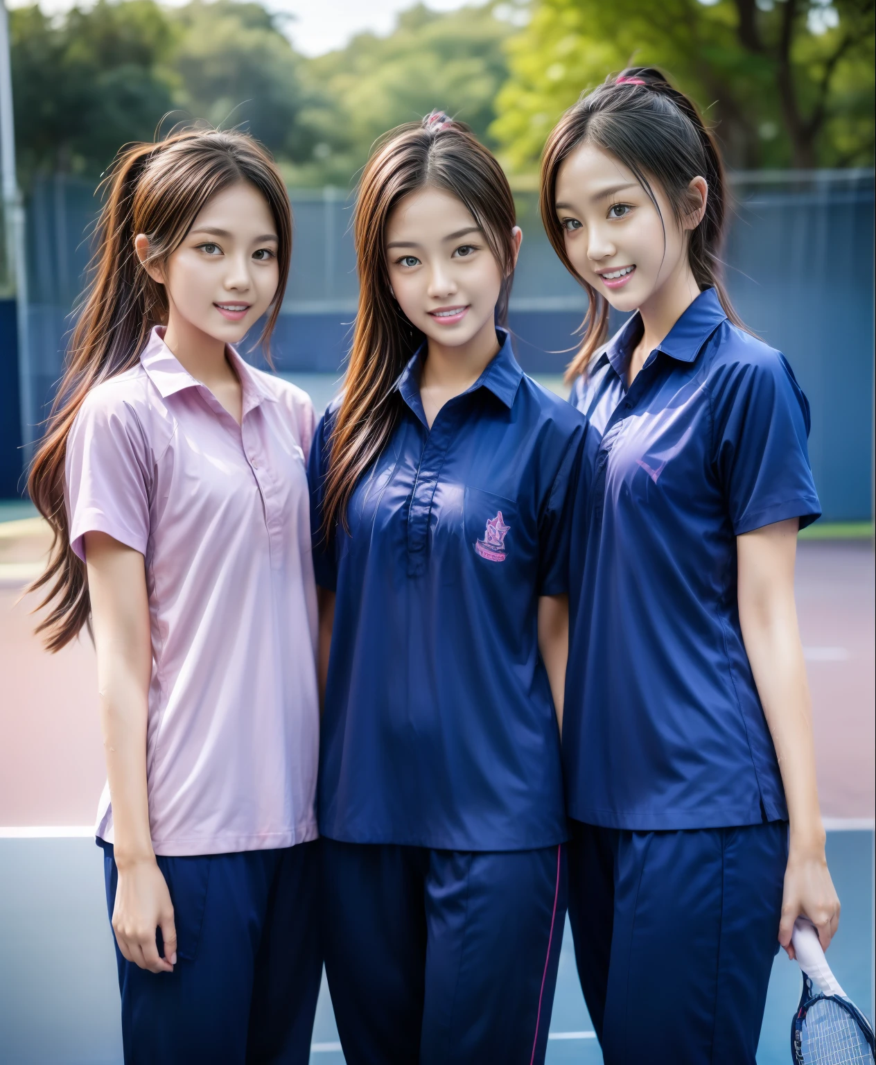 3 girls play tennis at tennis courts, Navy blue short-sleeved shirt,Navy Long Trackpant,Sweatpants, Sweatpantsขายาว,2 girl, lesbian, sexy, exercise clothes, wet body, exercise clothes