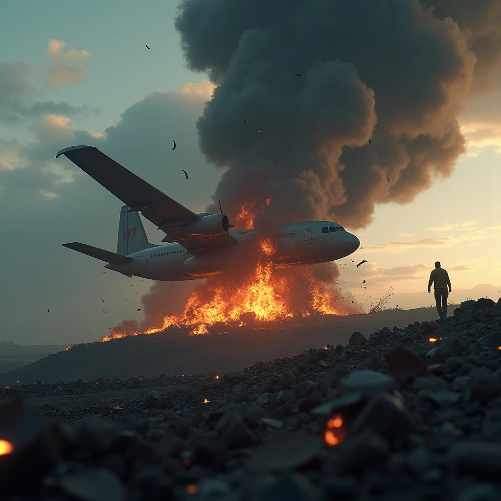  Plane explosion on the hill, with debris scattered and thick smoke rising into the sky. The scene is dominated by total destruction, with a sense of desolation and terror. (extremely detailed CG unit 8K wallpaper, Artwork, best quality, ultra-detailed, hdr:1.2, dark and terrifying atmosphere, eerie lighting, horror vibes)