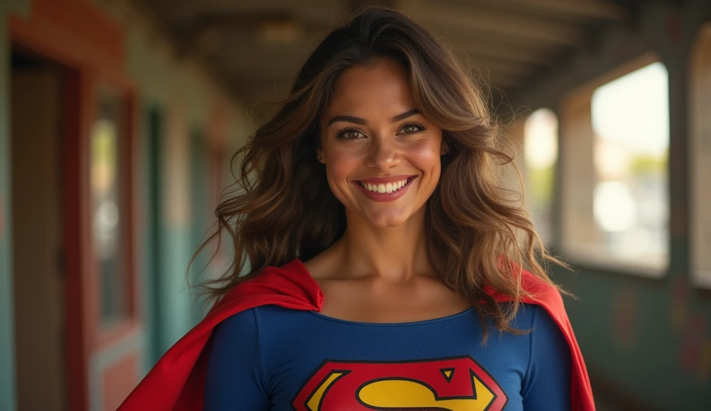 powerful, kind, attractive, smiling and confident; Paula Patton Supergirl 1984s movie costume;  HD. Photograph, ((realism)), extremely high quality RAW photograph, ultra detailed photograph, sharp focus, high resolution, (detailed skin:1,3),high quality, film grain, Fujifilm XT3,Highly Detailed, movie, (Cinematic Photo:1.3) of (Realistic:1.3). Super breasts.