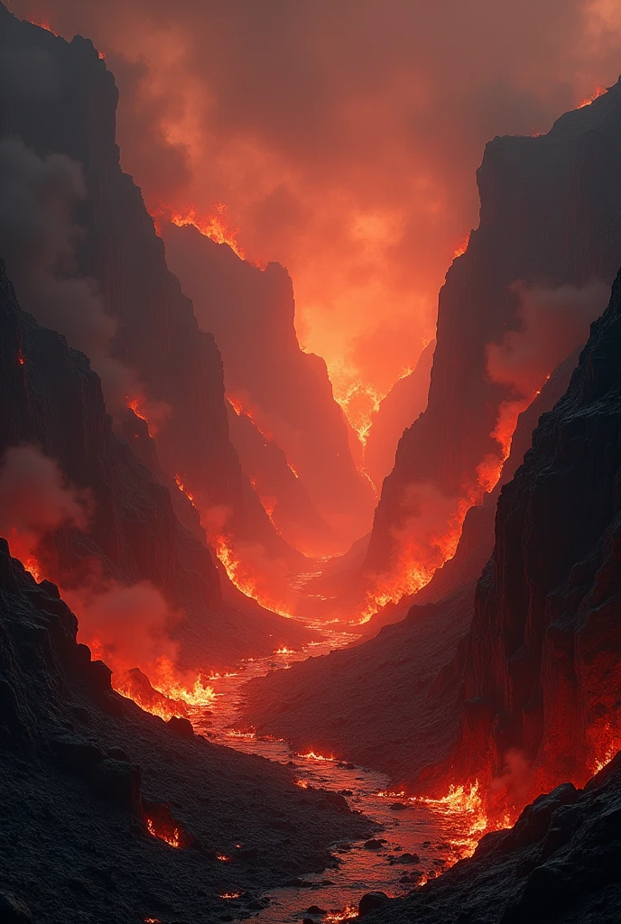 A dark rocky valley burning in flames like hell with a wide view of this valley being able to see a hostile environment with shades of red, black and orange.